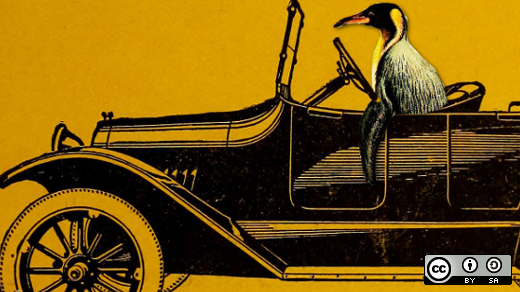 Penguin driving a car with a yellow background