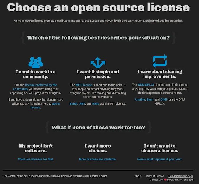 This provides guidance on when to use an MIT license or a GNU GPLv3 license. It also recommends that people contributing to a community use the license preferred by that community. The graphic also notes that there are many more licenses available. The website choosealicense.com has a text-based version of this image that links to more detailed information. 
