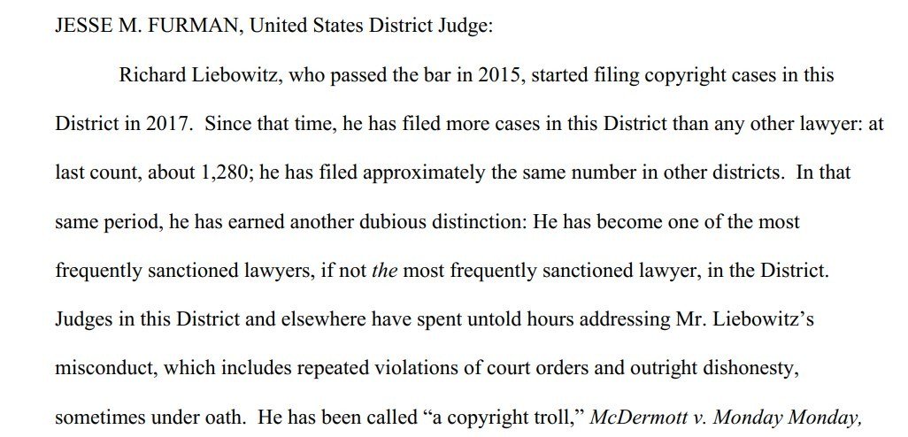 Judge Furman order sanctions against Richard Liebowitz