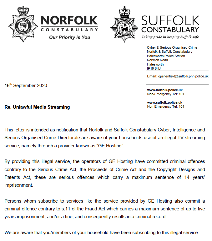 IPTV Warning Police UK