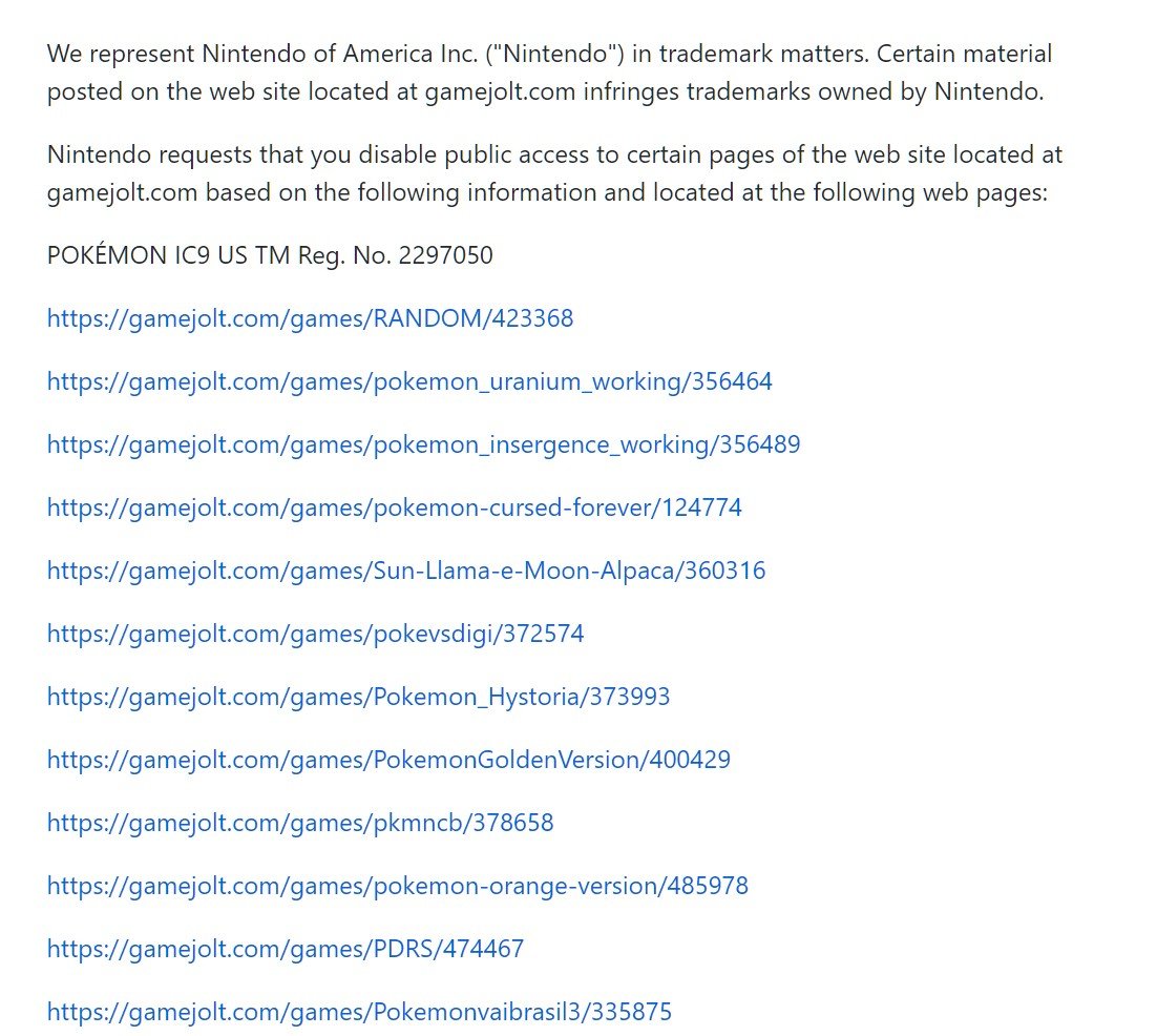 game jolt dmca notice from nintendo