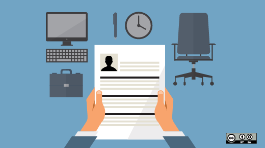 Two hands holding a resume with computer, clock, and desk chair
