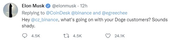 Elon Musk Calls Binance's Dogecoin Problem 'Shady' — Says He's Raising the Issue on Behalf of Other DOGE Holders