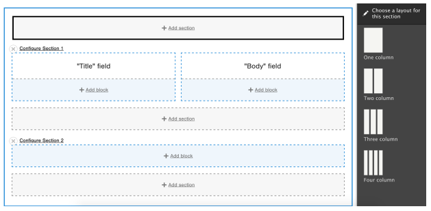 Screenshot of blank section, title, and body fields and a layout selector in Drupal's layout builder