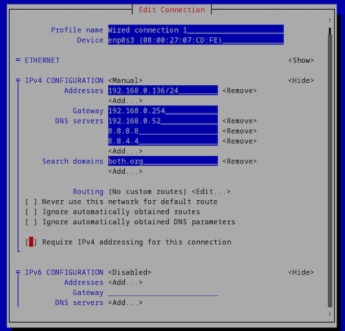 The Edit Connection window includes editable fields including name, device, IPv4 Configuration (including addresses, gateway, DNS servers, Search domains) and a similar IPv6 configuration, which is disabled. Routing options that can be checked are shown: Require IPv4 addressing for this connection is checked for this example.