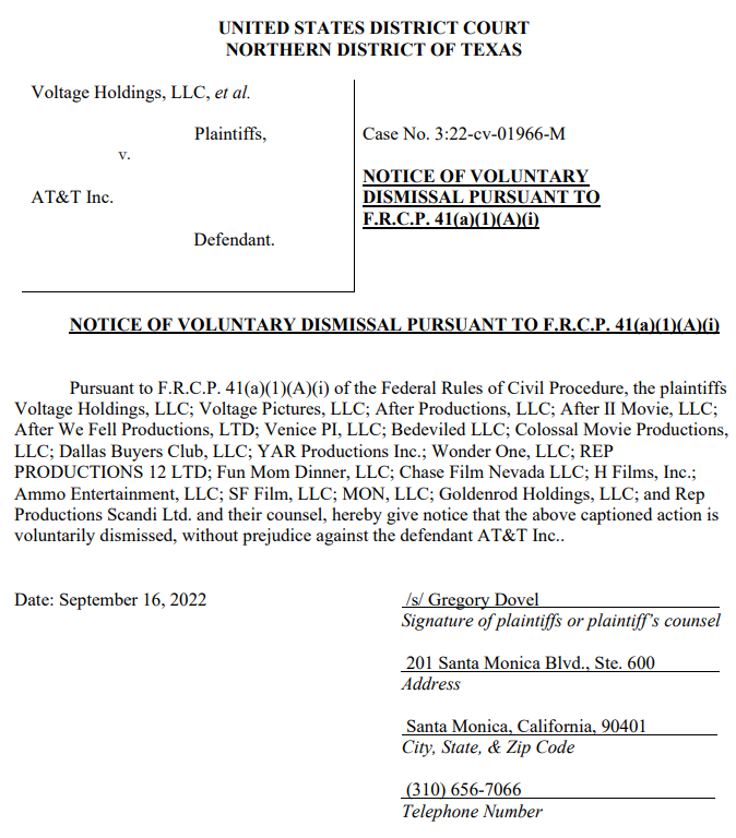 voltage dismissal AT&T