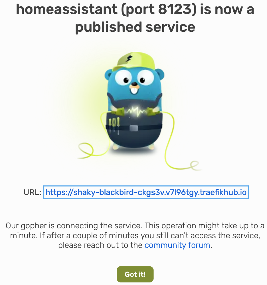 Success message for published service