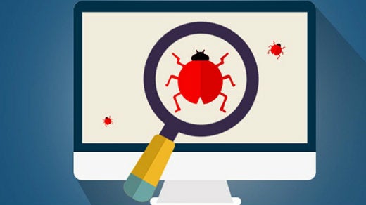 Bug tracking magnifying glass on computer screen Bug tracking magnifying glass on computer screen
