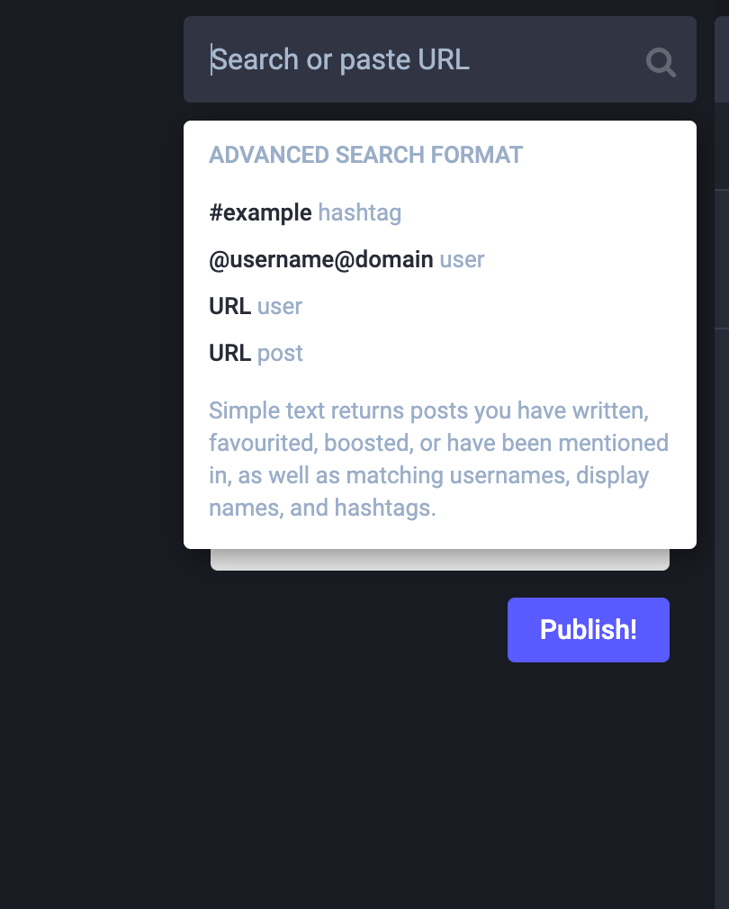 Image showing example searches in Mastodon.