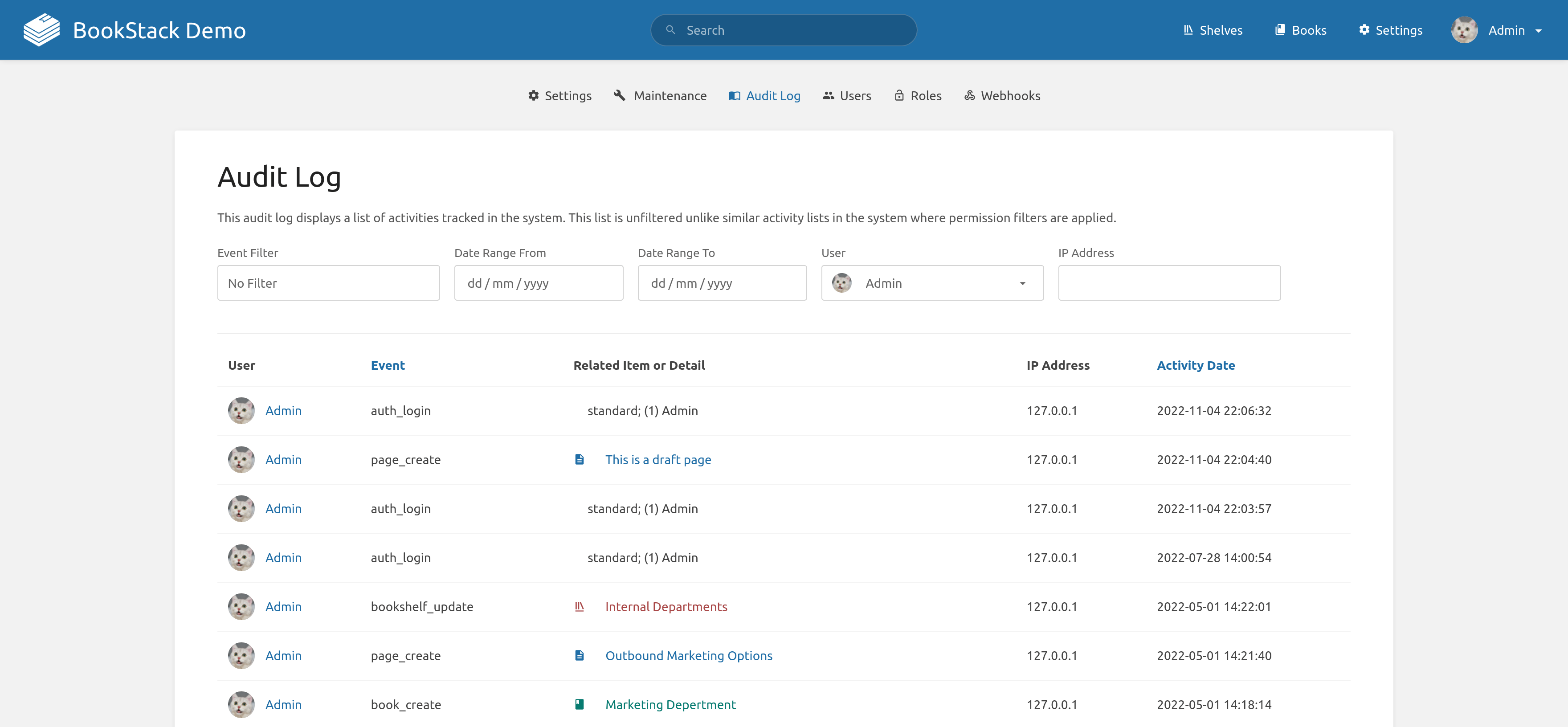 image of the BookStack audit log activity list.