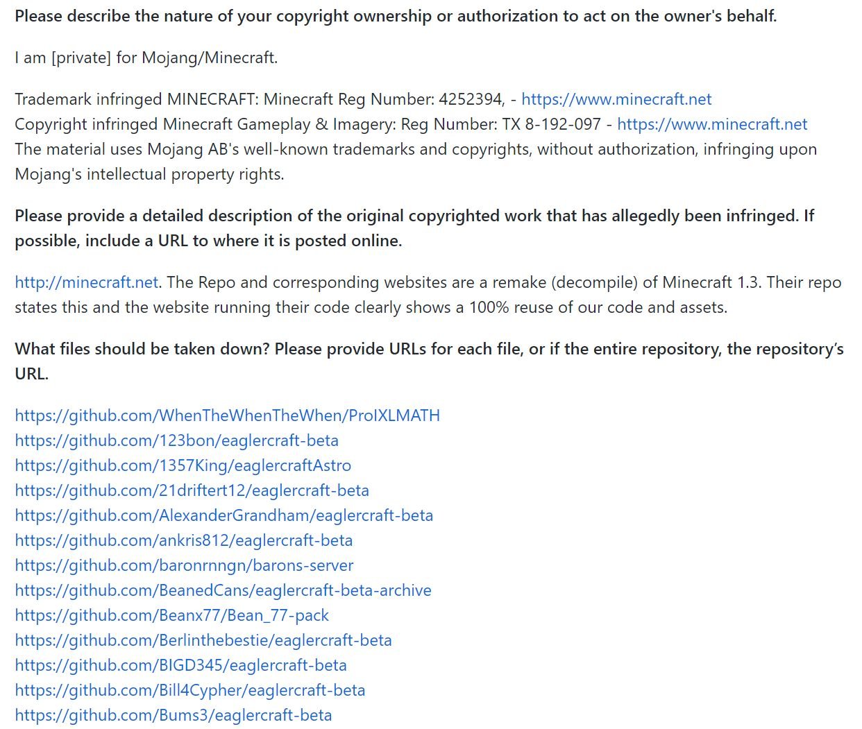 minecraft github takedown