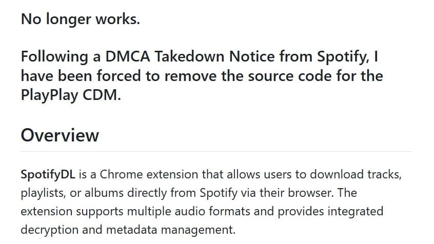 message from the developer of SpotifyDL explaining that the extension no longer works following a DMCA notice
