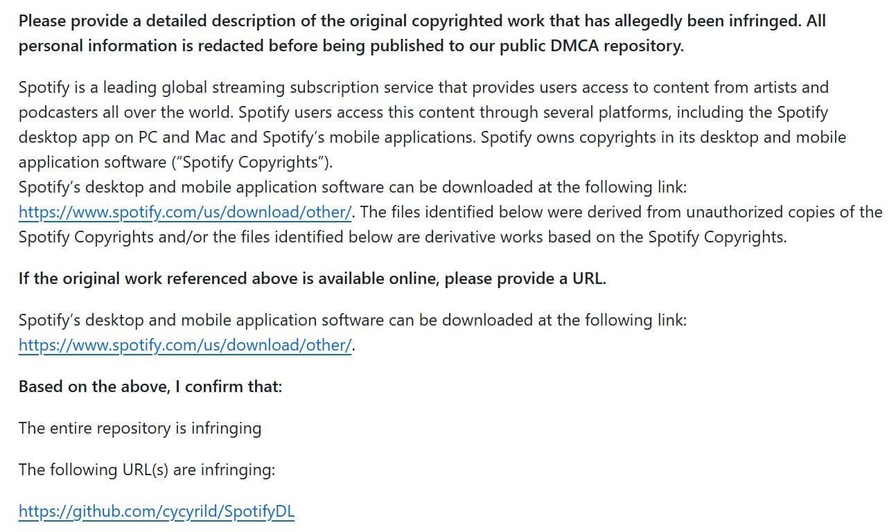 The takedown notice spotify sent to GitHub requesting SpotifyDL to be removed.