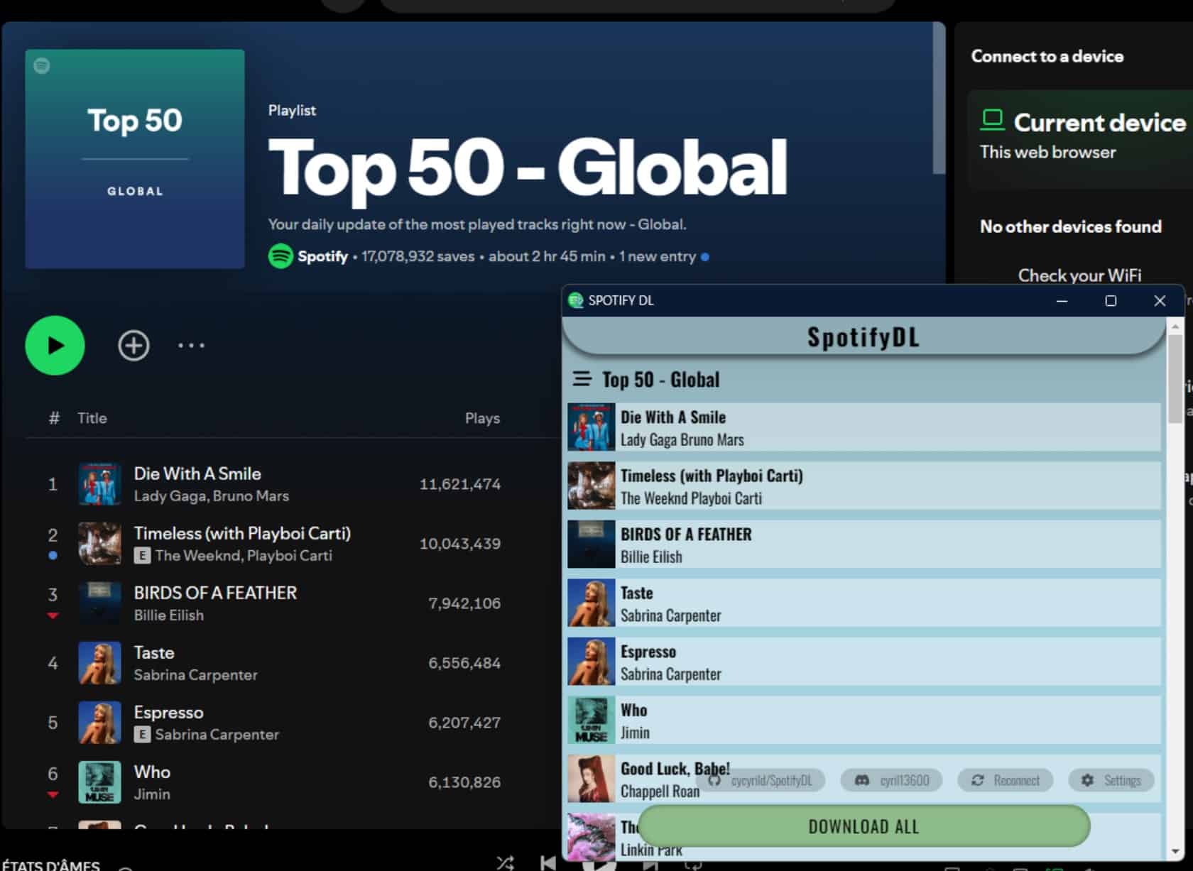 A screenshot of the SpotifyDL extension interface