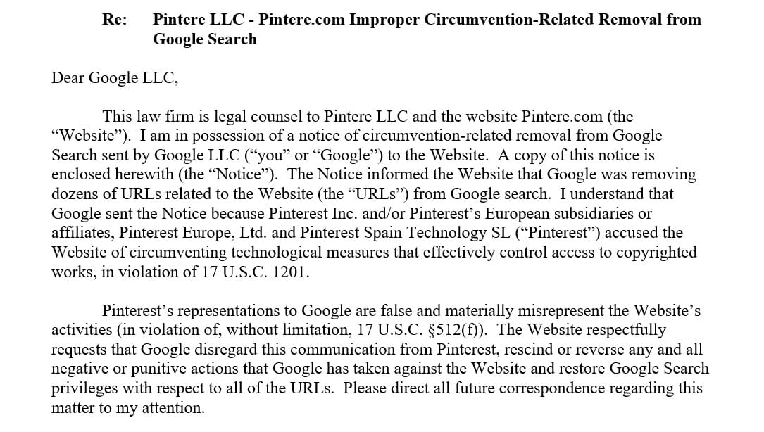 pintere letter to google