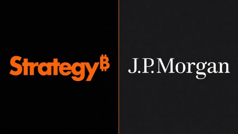 Logo of Strategy and JP Morgan side by side.