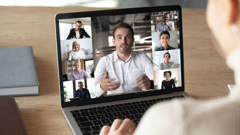 Workers brainstorming on video call